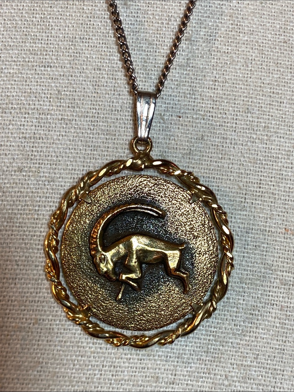Vintage Anson Pewter Capricorn Zodiac Gold Tone 24” Necklace